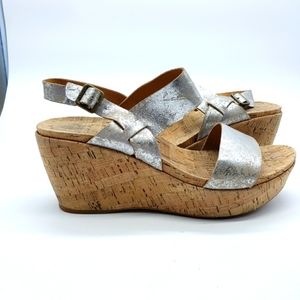 𝅺kork-ease women US 11 silver crackle leather strap upper platform cork wedges